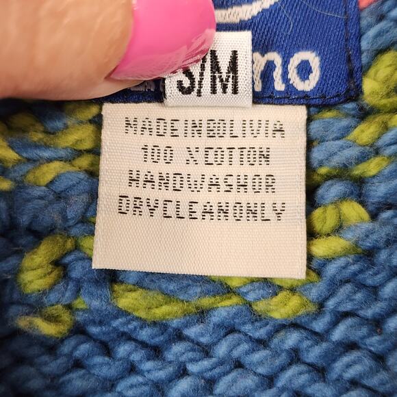Rare NWT Vintage Amano S/M Hand Knit Cotton Cardigan Tulips Floral Blue Bolivia - Picture 6 of 10